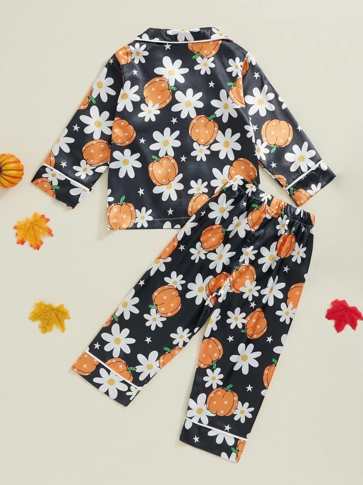 Girls Pajama Set – Long Sleeve Floral Pumpkin Print Sleepwear - Image 4