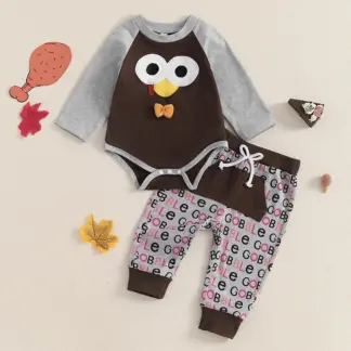 Baby Thanksgiving Outfit Set – Turkey Embroidery Romper & Letter Print Pants