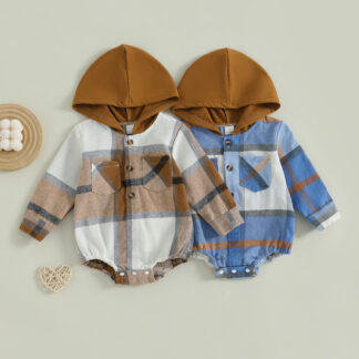 Infant Baby Boys Plaid Hooded Romper - Long Sleeve Fall Jumpsuit