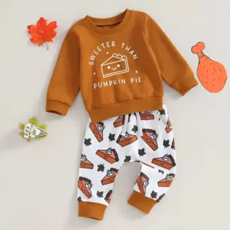 Toddler Boy Thanksgiving Outfit 2Pcs Letter Pie Print Pullover & Pants Set
