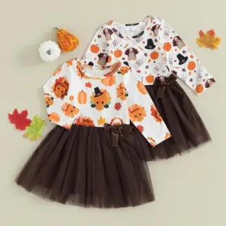Adorable Toddler Thanksgiving Dress – Pumpkin & Turkey Tulle A-Line Outfit