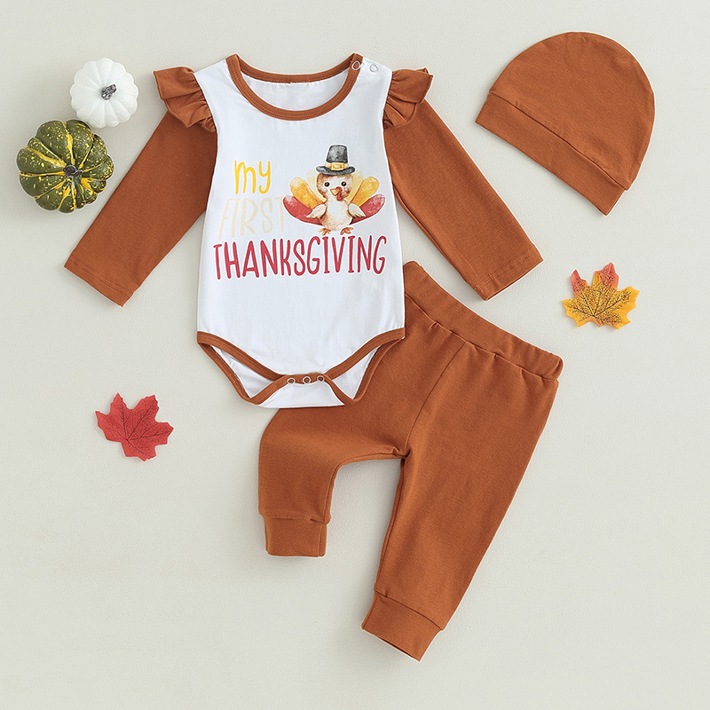 Baby Thanksgiving Outfit - Adorable Romper, Pants, and Hat Set - Image 2