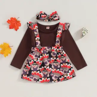 Girls 3-Piece Thanksgiving Outfit Set – Turkey Print Skirt, Long Sleeve Top & Headband