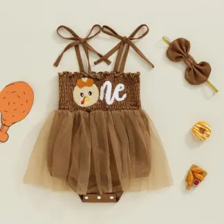 Baby Girl Thanksgiving Romper Dress & Bow Headband Set – Turkey Embroidery