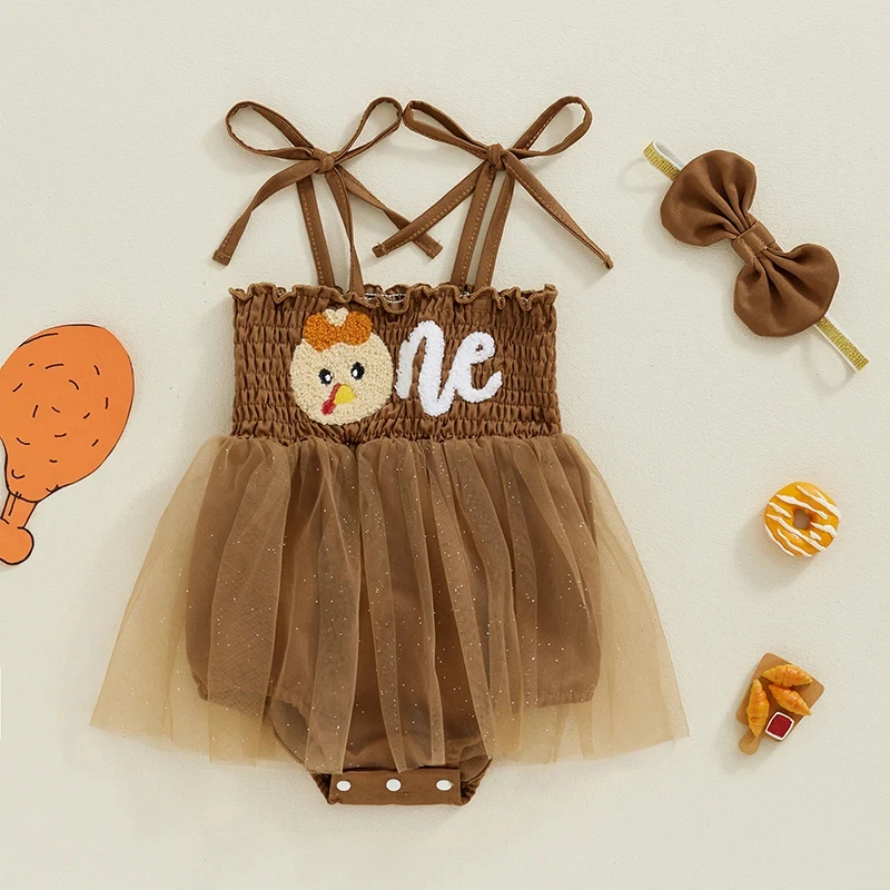 Baby Girl Thanksgiving Romper Dress & Bow Headband Set – Turkey Embroidery