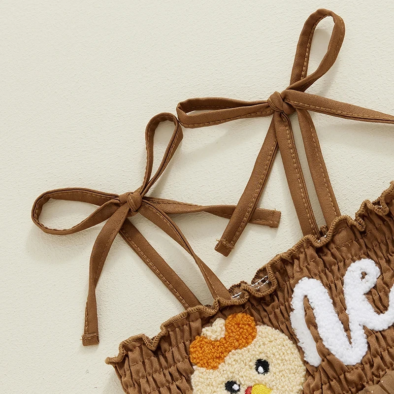 Baby Girl Thanksgiving Romper Dress & Bow Headband Set – Turkey Embroidery - Image 3