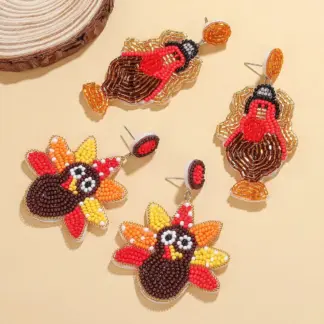 Thanksgiving Fall Beaded Earrings – Maple Leaf Pumpkin Turkey Dangle Jewelry