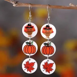 Autumn Pumpkin & Maple Leaf Triple Pendant Earrings