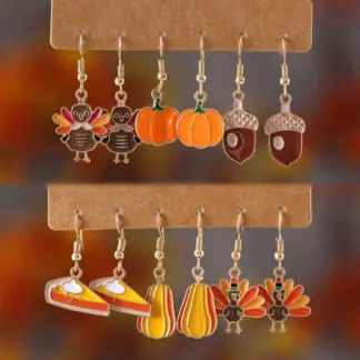 Thanksgiving Turkey Pumpkin & Pinecone Drop Earring Set – 3 Pairs of Festive Charm
