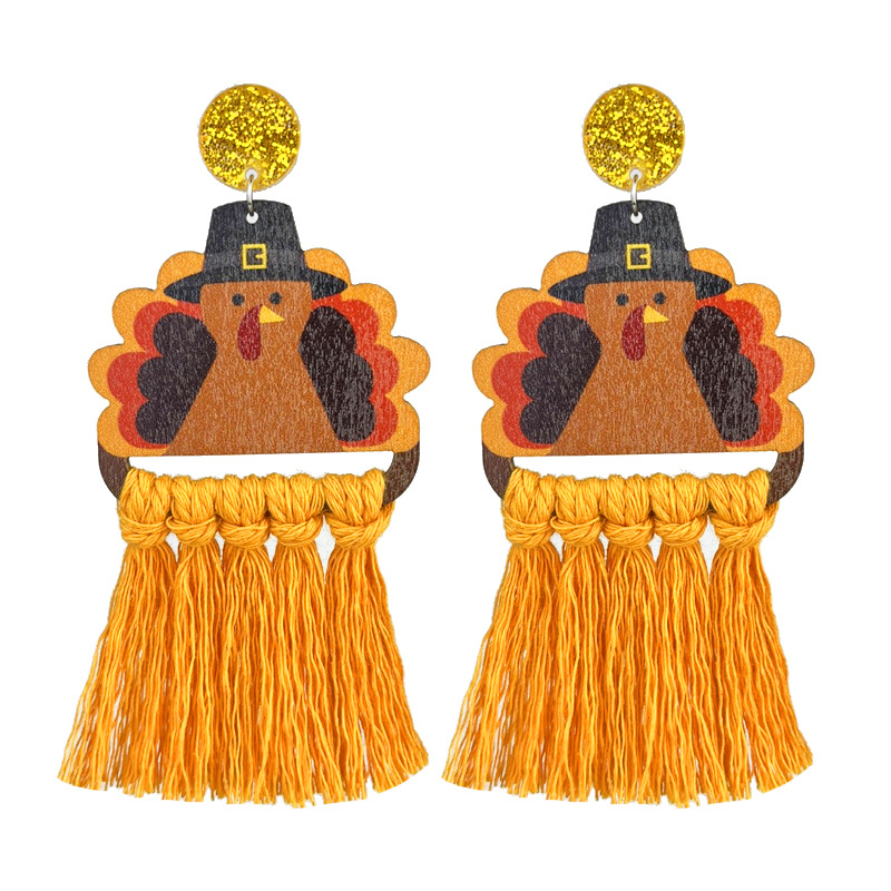Thanksgiving Tassel Drop Earrings – Autumn Turkey & Pumpkin Design - Image 5