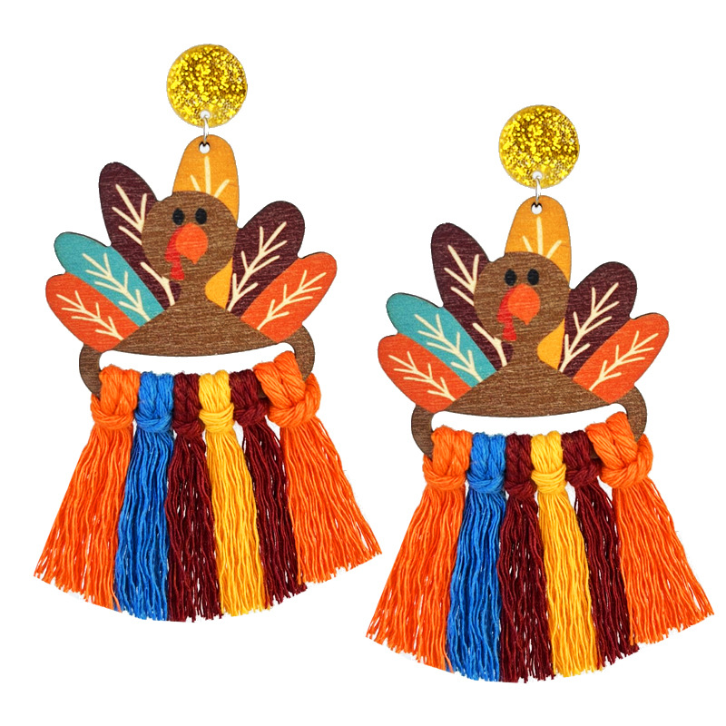 Thanksgiving Tassel Drop Earrings – Autumn Turkey & Pumpkin Design - Image 2