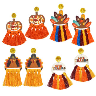 Thanksgiving Tassel Drop Earrings – Autumn Turkey & Pumpkin Design