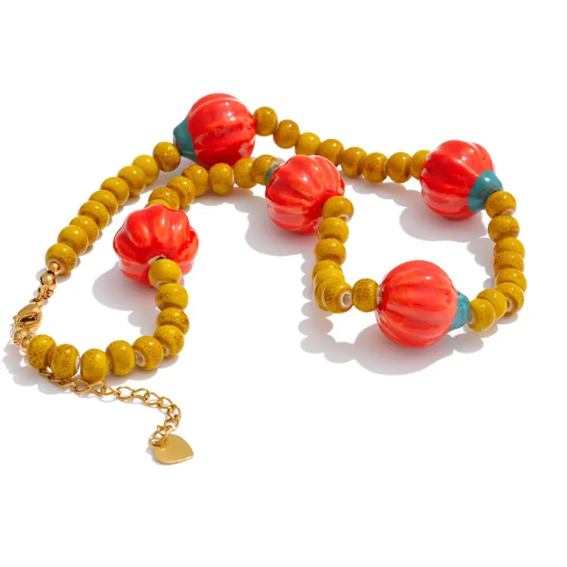 Vibrant Ceramic Pumpkin Charm Necklace – Waterproof Handmade Beaded Jewelry - Image 3