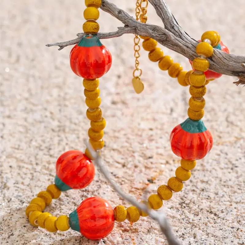 Vibrant Ceramic Pumpkin Charm Necklace – Waterproof Handmade Beaded Jewelry - Image 2