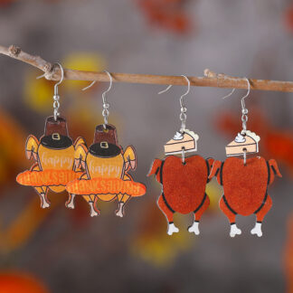 Thanksgiving Harvest Earrings – Pumpkin Pie & Turkey Wooden Drop Pendants
