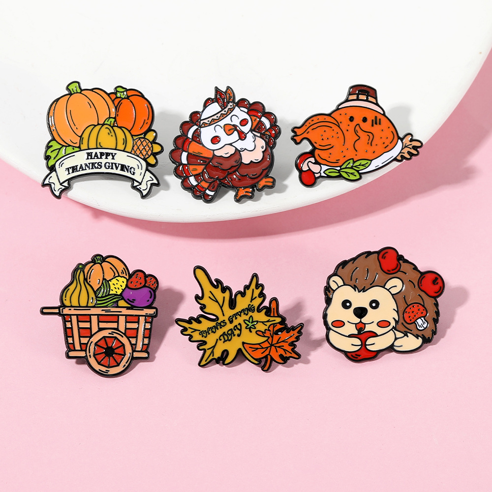 Thanksgiving Animal Enamel Brooch – Cute Hedgehog, Pumpkin & Turkey Pin - Image 4