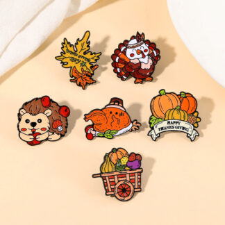 Thanksgiving Animal Enamel Brooch – Cute Hedgehog, Pumpkin & Turkey Pin