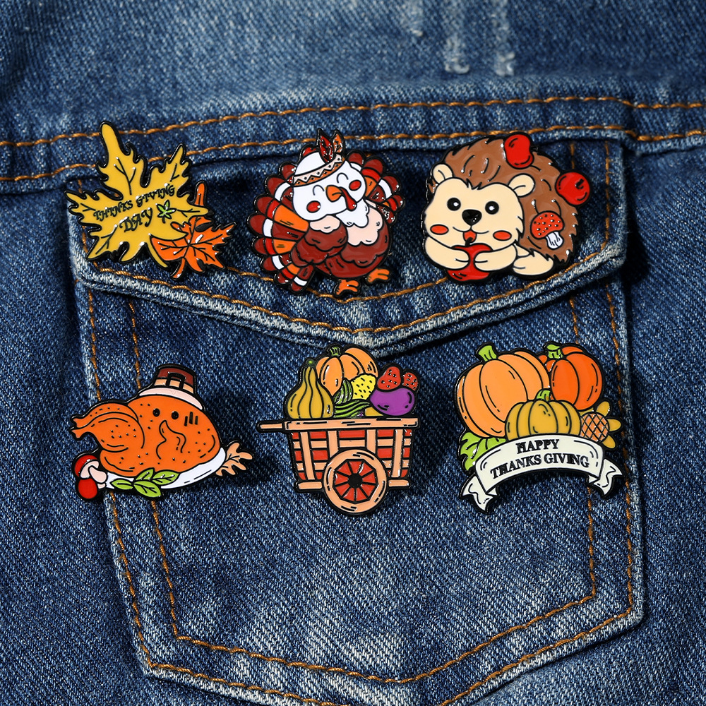 Thanksgiving Animal Enamel Brooch – Cute Hedgehog, Pumpkin & Turkey Pin - Image 3
