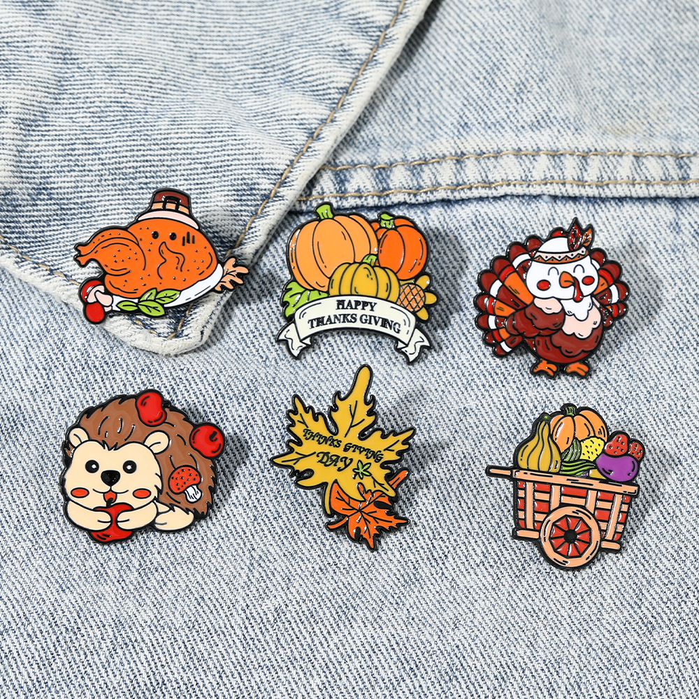 Thanksgiving Animal Enamel Brooch – Cute Hedgehog, Pumpkin & Turkey Pin - Image 2
