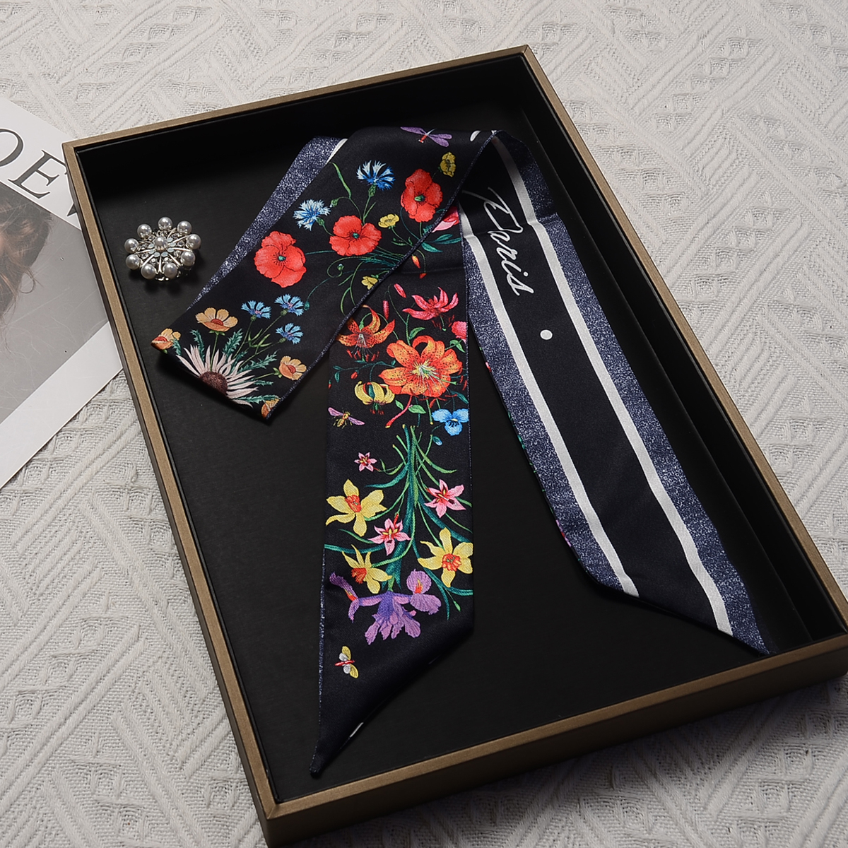 Floral Silk Skinny Scarf for Women – Elegant Fashion Accessory