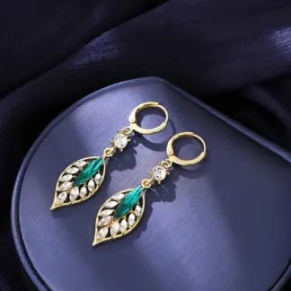 Elegant Crystal Leaf Dangle Earrings for Women – White & Green Hollow Circle Design