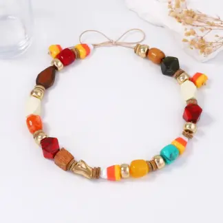Colorful Geometric Wooden Bead Choker Necklace for Women