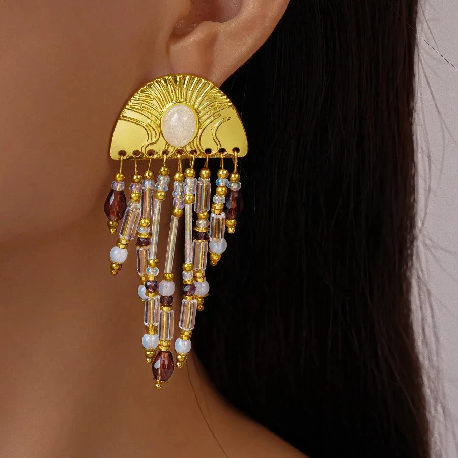 Bohemian Glass Tassel Earrings for Women – Ethnic Semicircle Designer Jewelry - Image 3