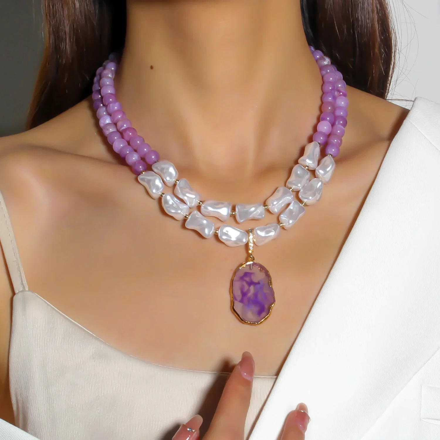 Irregular Resin Pearl & Stone Layered Necklace – Purple Bead Choker