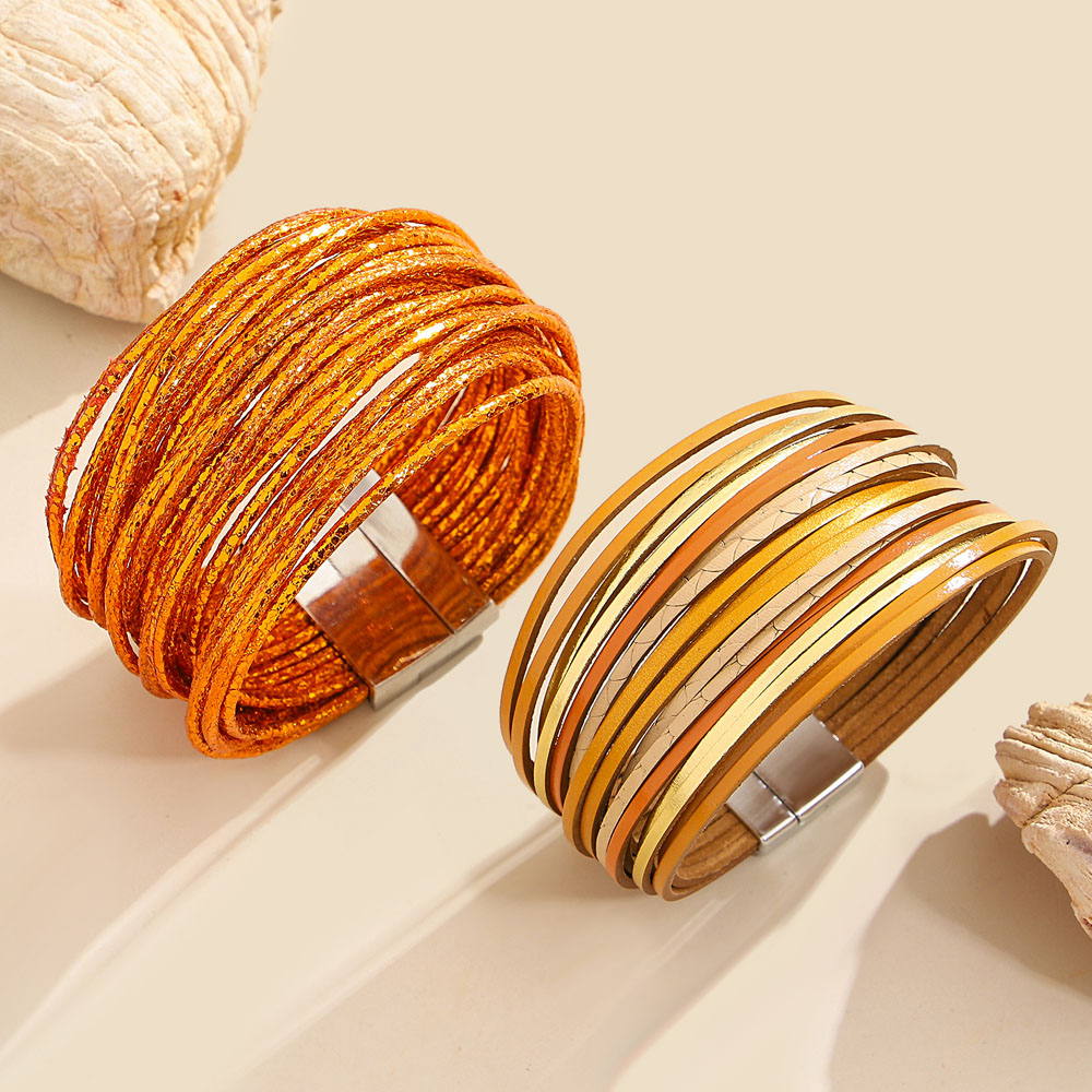Bohemian Orange Leather Wrap Bracelet for Women - Image 2