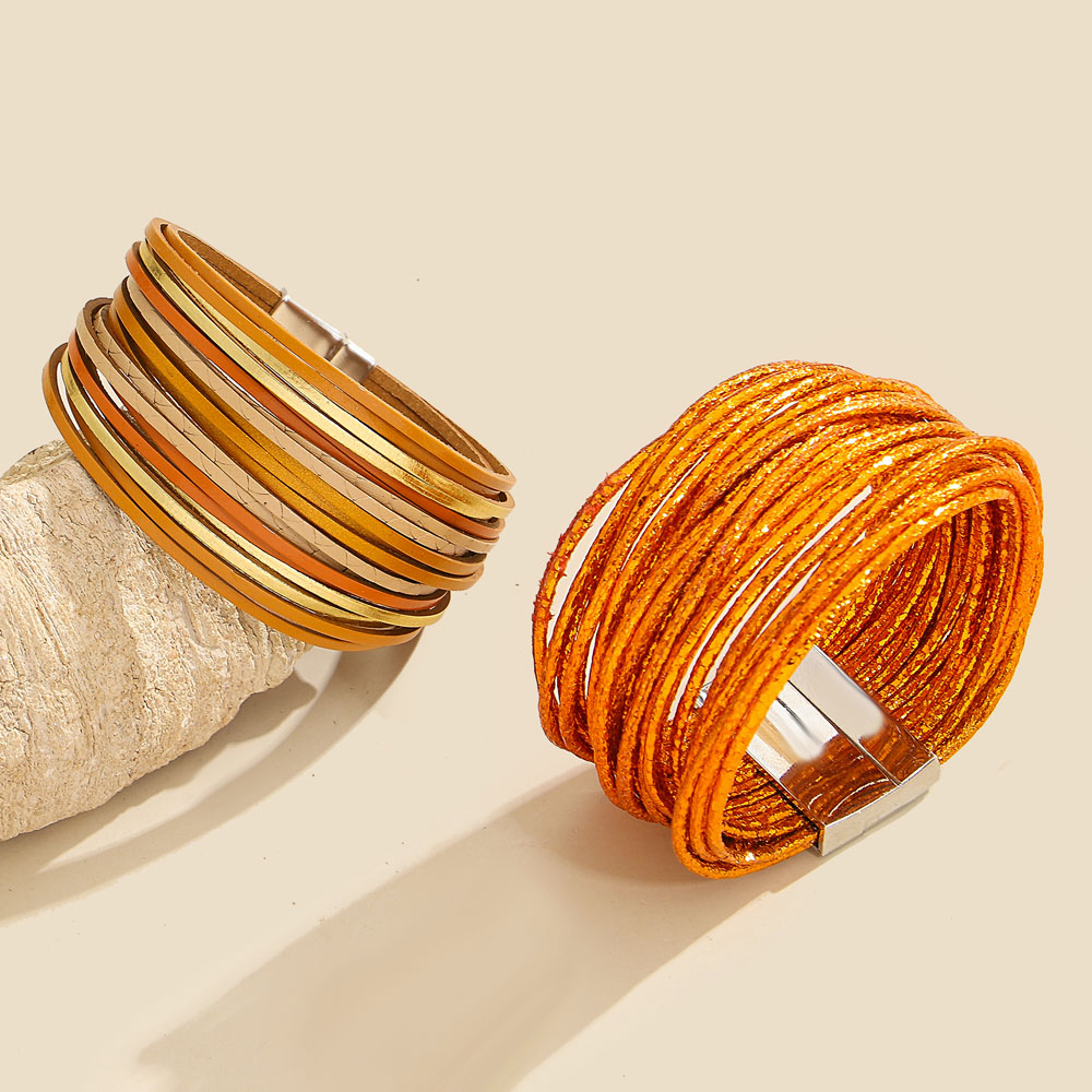 Bohemian Orange Leather Wrap Bracelet for Women - Image 7