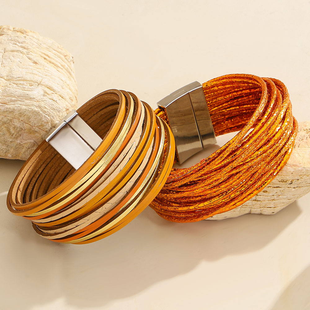 Bohemian Orange Leather Wrap Bracelet for Women - Image 4