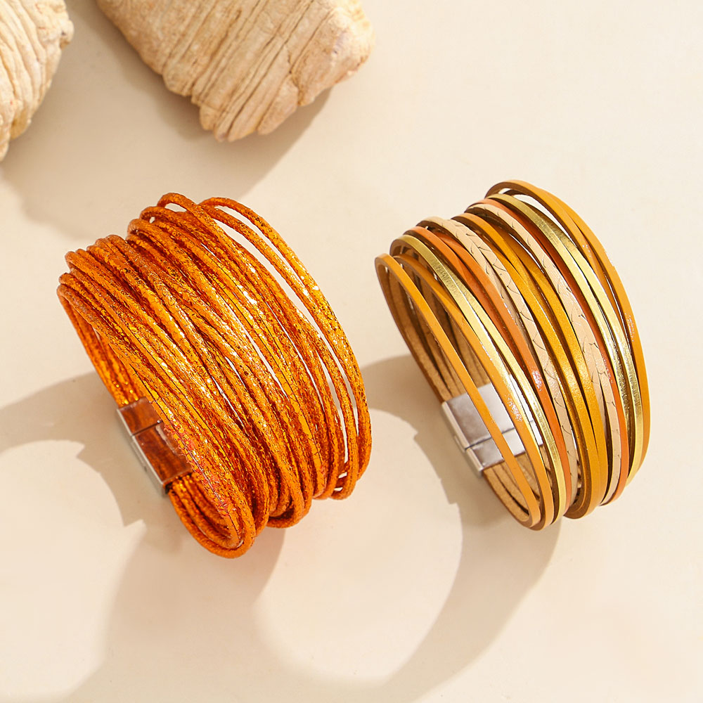 Bohemian Orange Leather Wrap Bracelet for Women - Image 3