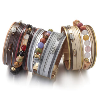Natural Stone Beaded Leather Bracelet - Stylish Bohemian Jewelry