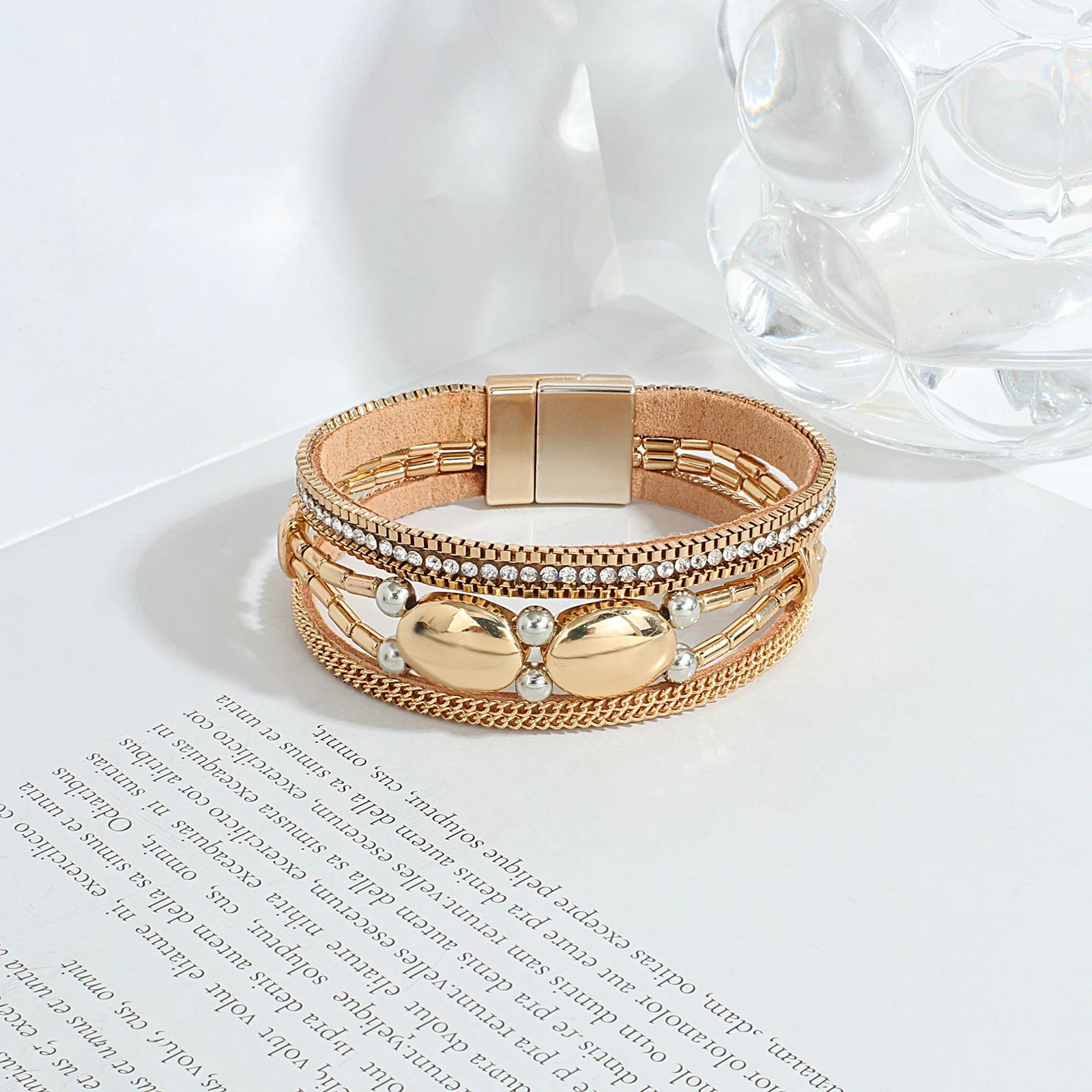 Trendy Geometric Multilayer Leather Wrap Bracelet with Crystal Charms - Image 3