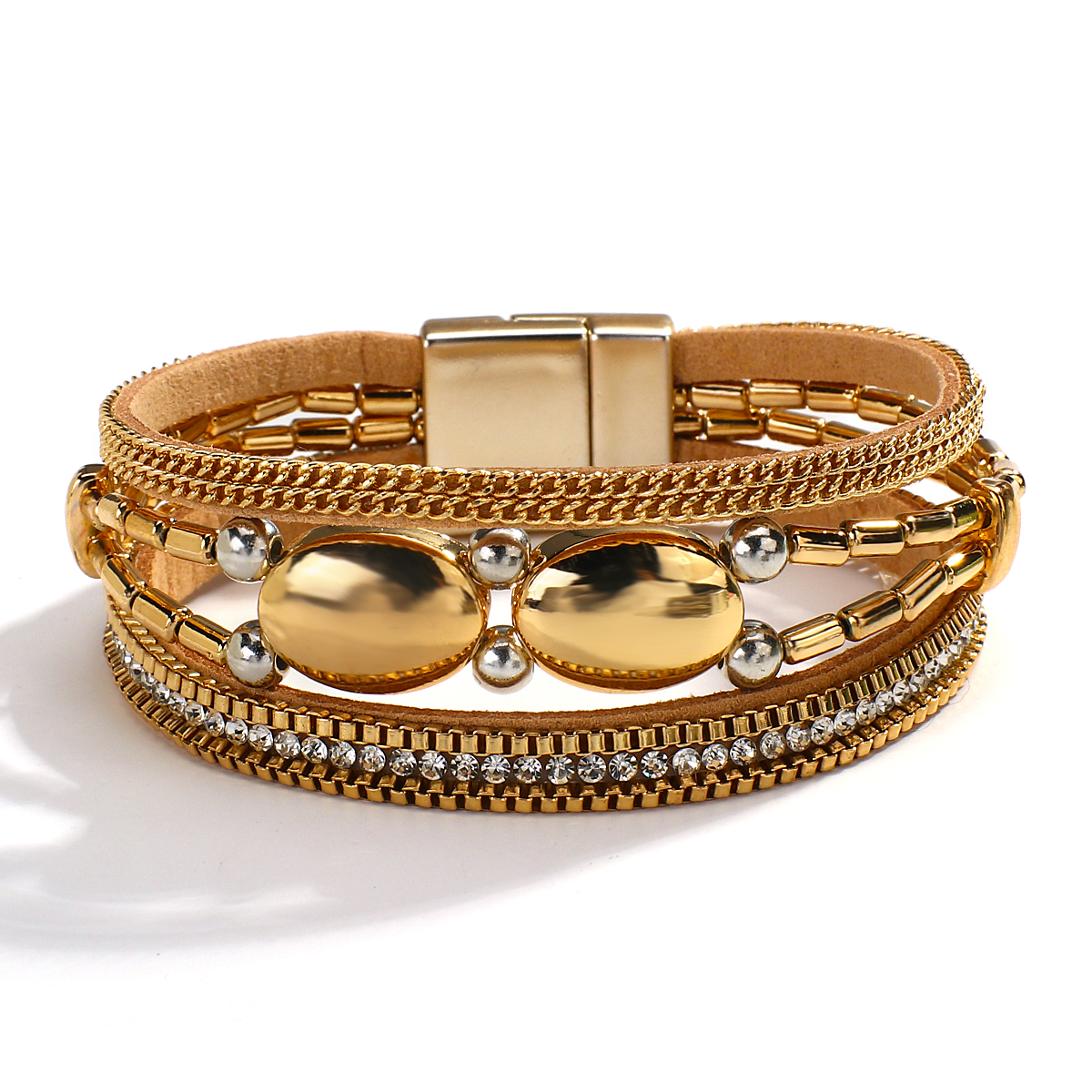 Trendy Geometric Multilayer Leather Wrap Bracelet with Crystal Charms