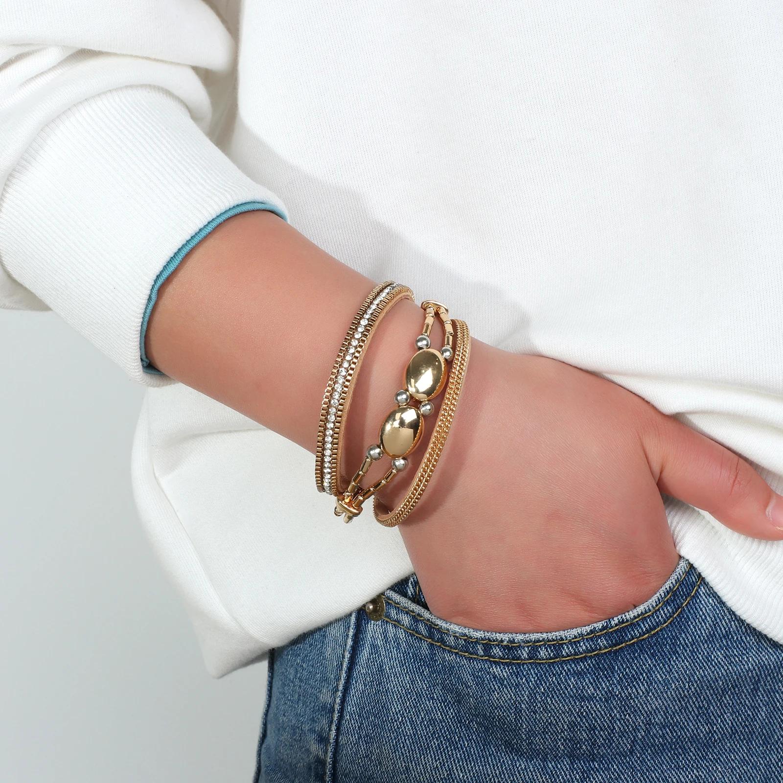 Trendy Geometric Multilayer Leather Wrap Bracelet with Crystal Charms - Image 2