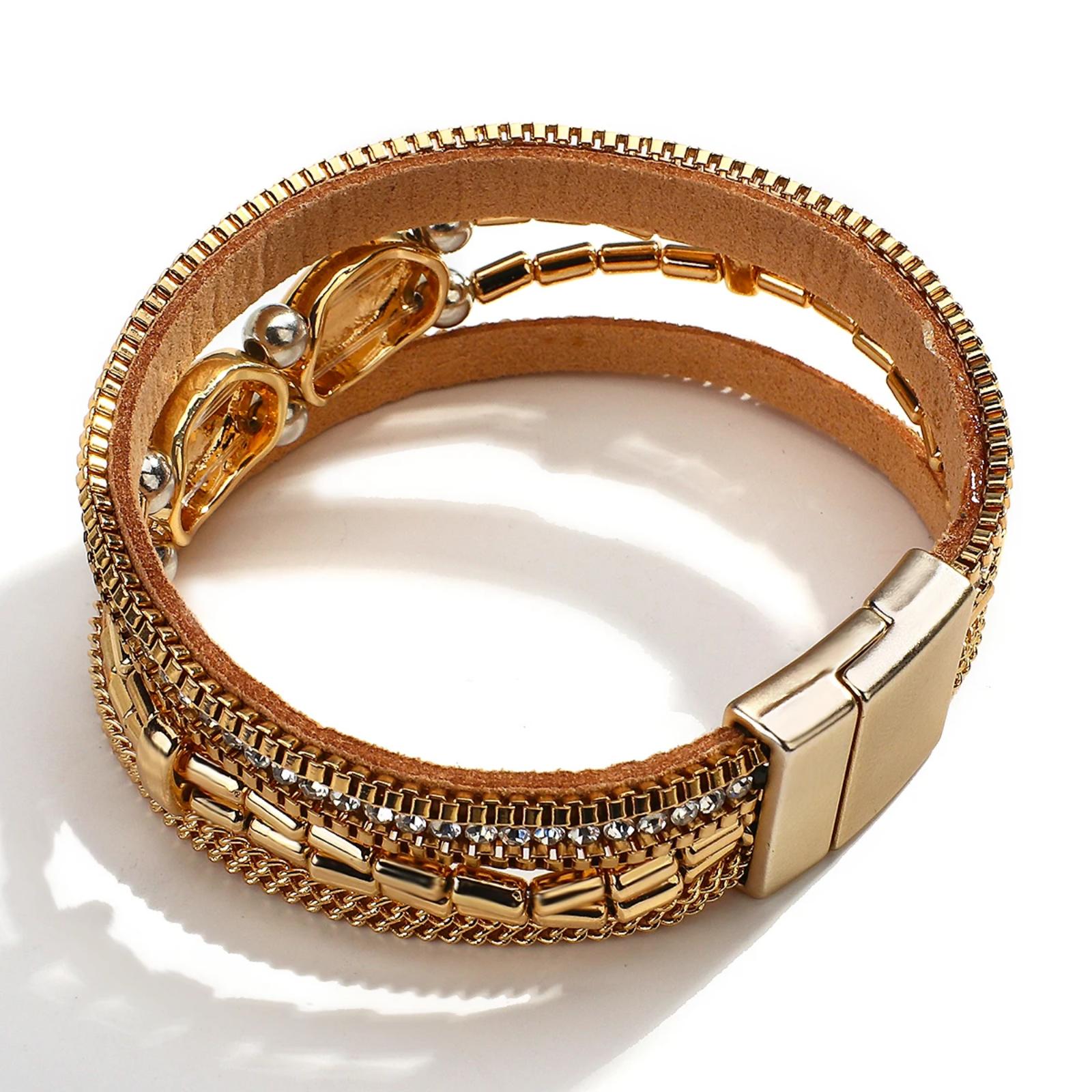 Trendy Geometric Multilayer Leather Wrap Bracelet with Crystal Charms - Image 7