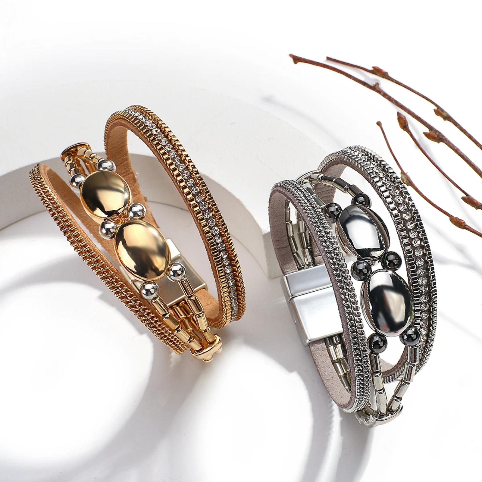 Trendy Geometric Multilayer Leather Wrap Bracelet with Crystal Charms - Image 5