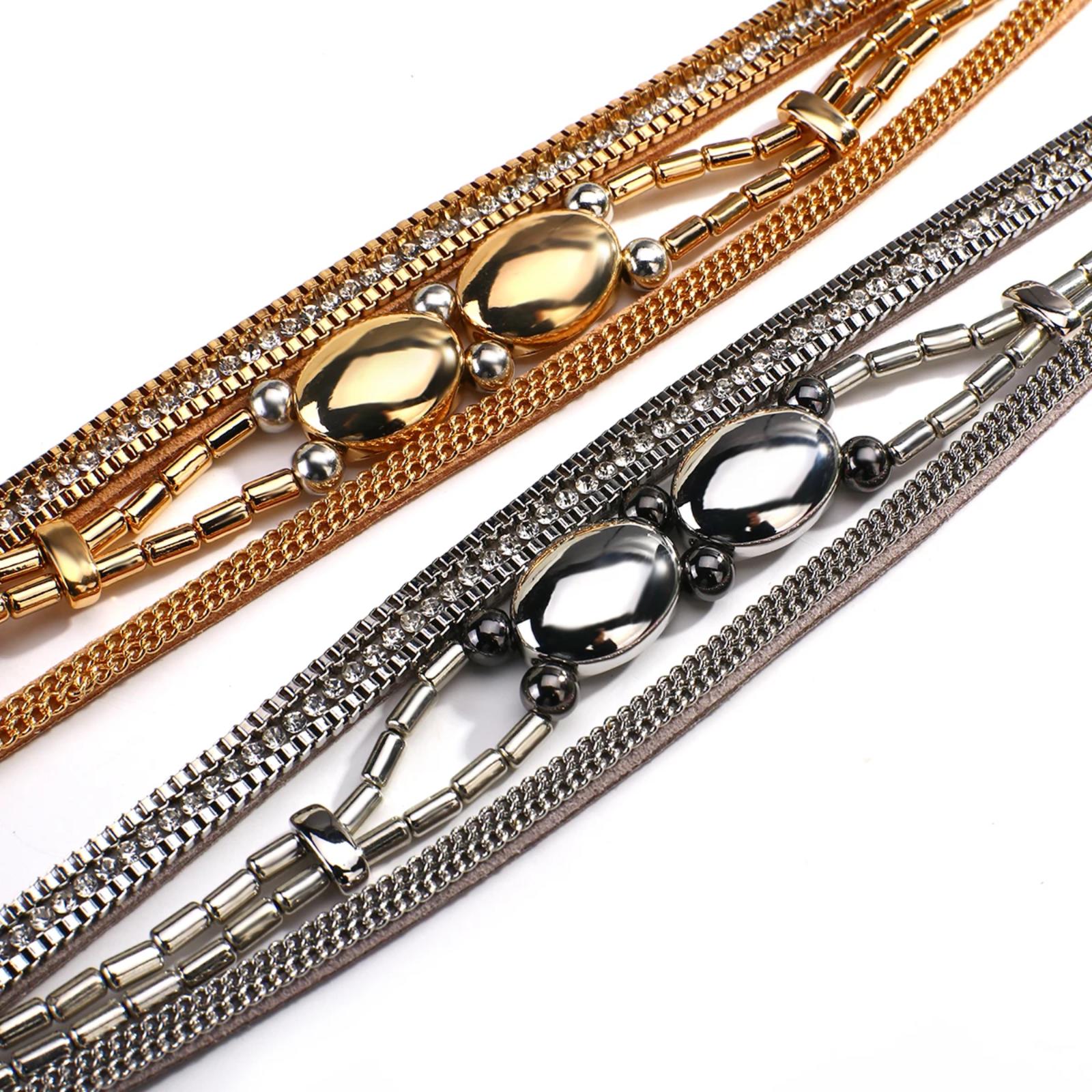 Trendy Geometric Multilayer Leather Wrap Bracelet with Crystal Charms - Image 6