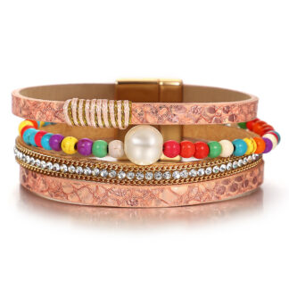 Colorful Seed Beads Pearl Leather Bracelet - Elegant Multilayer Bangle