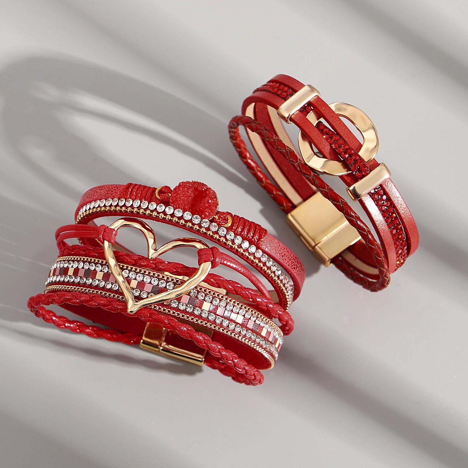 Elegant Red Heart Leather Bracelet with Rhinestone Charm - Image 3