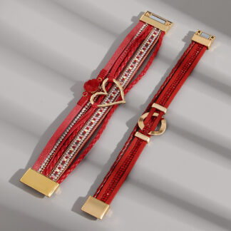 Elegant Red Heart Leather Bracelet with Rhinestone Charm