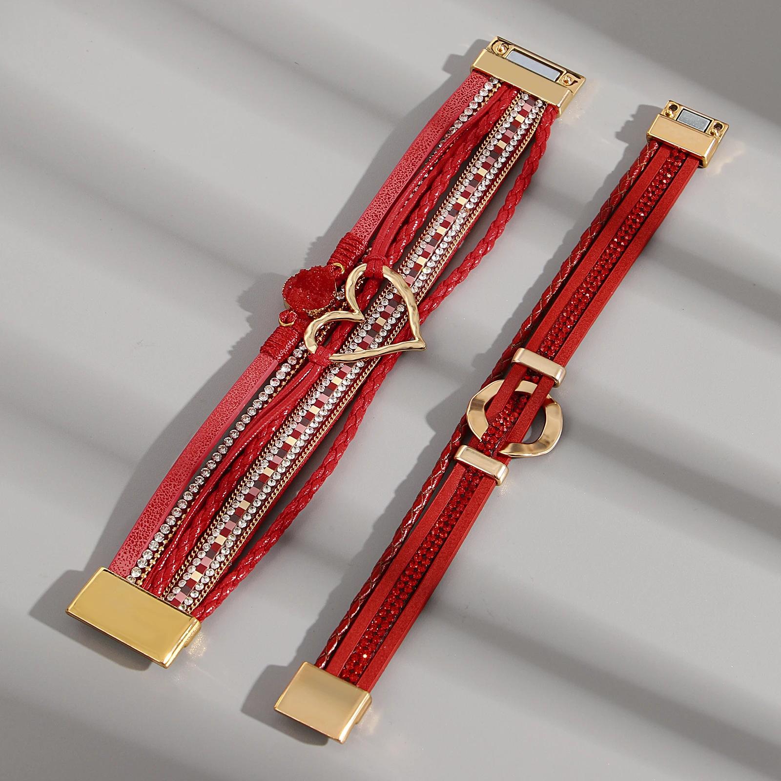 Elegant Red Heart Leather Bracelet with Rhinestone Charm - Image 6