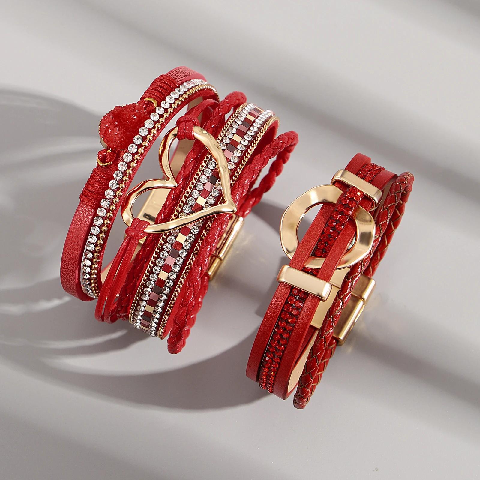 Elegant Red Heart Leather Bracelet with Rhinestone Charm - Image 5