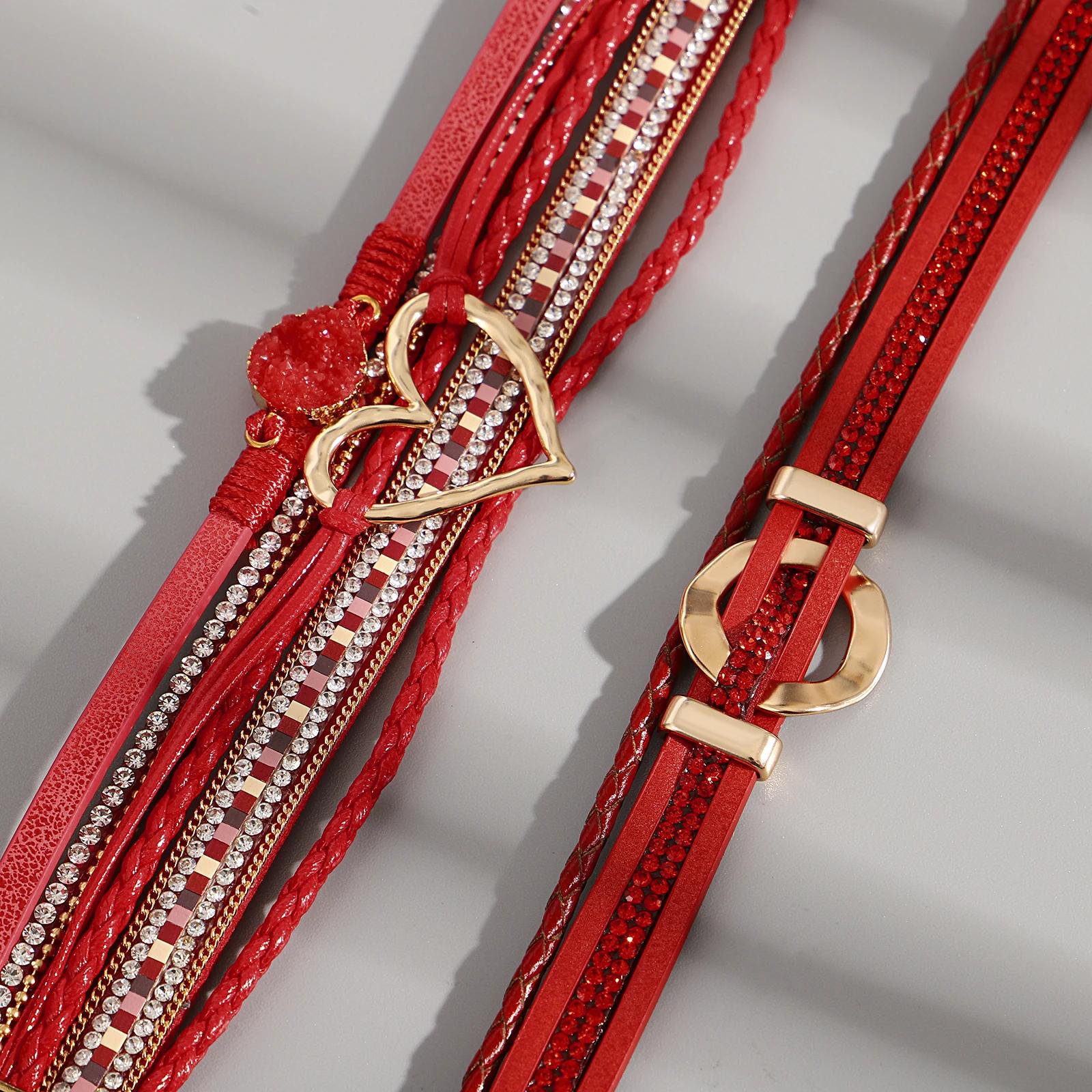 Elegant Red Heart Leather Bracelet with Rhinestone Charm - Image 7