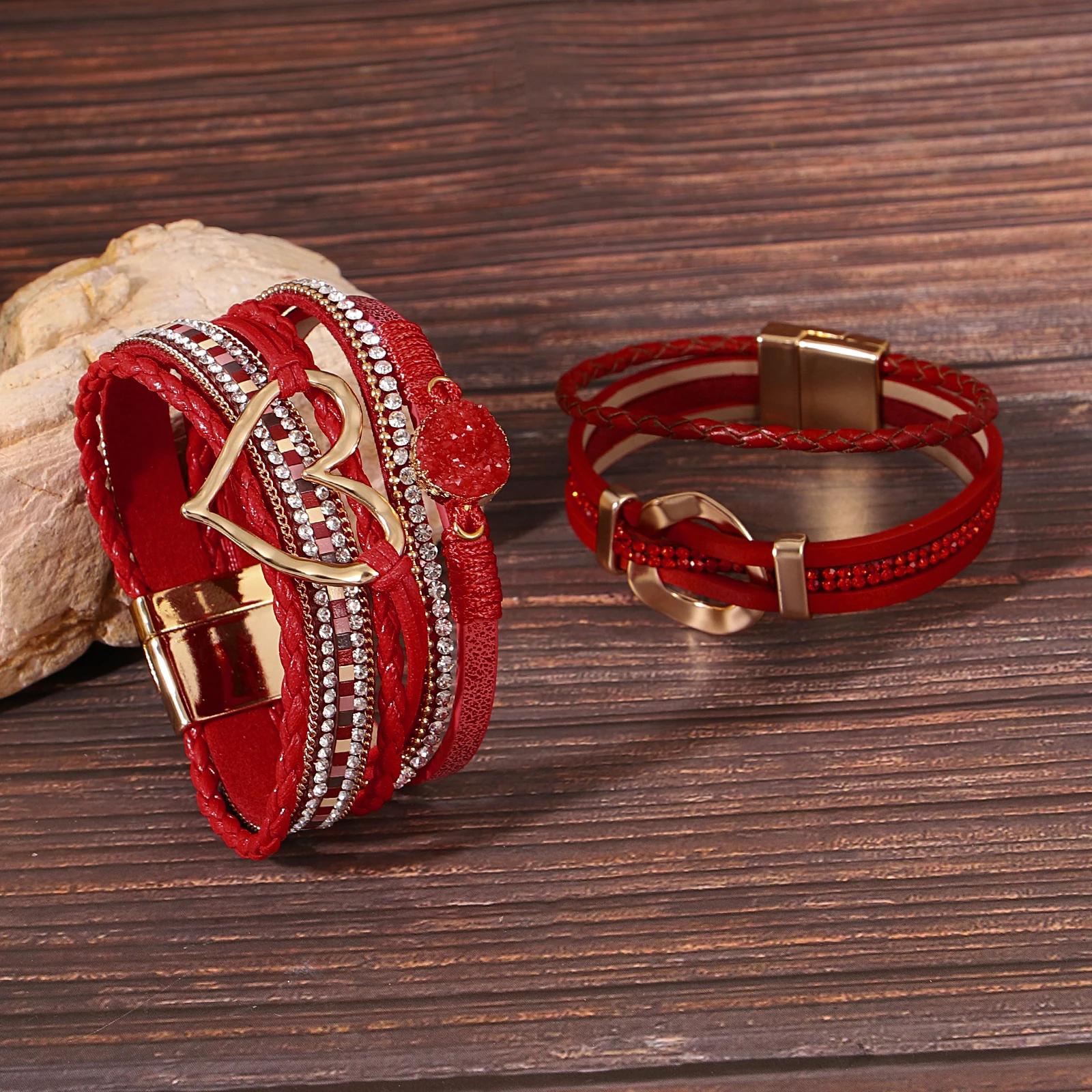 Elegant Red Heart Leather Bracelet with Rhinestone Charm - Image 2