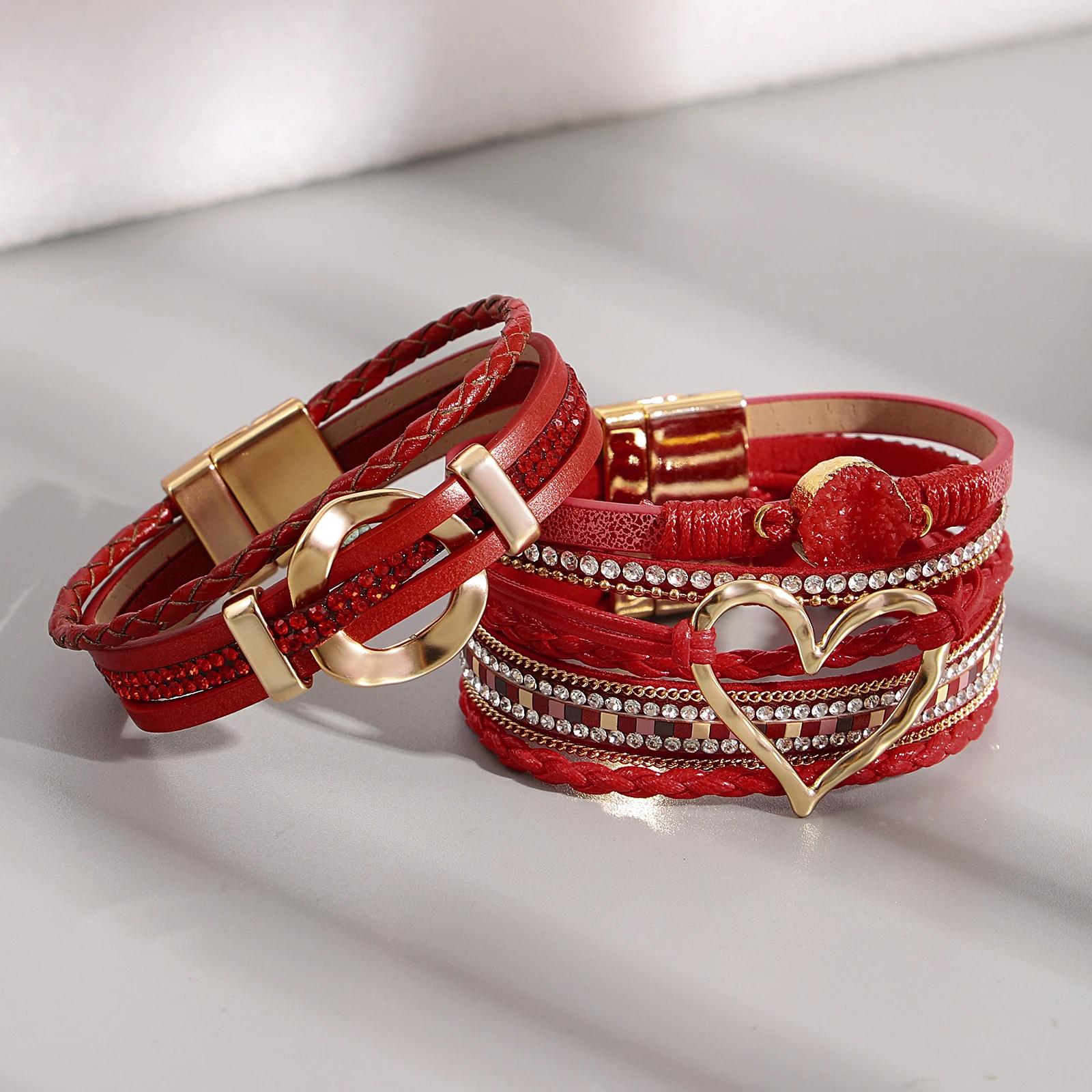 Elegant Red Heart Leather Bracelet with Rhinestone Charm - Image 4