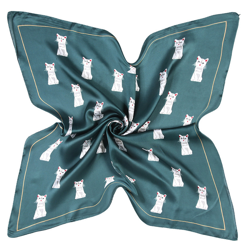 Chic 24-Inch Cartoon Cat Silk Square Scarf for Women - Image 3