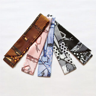 Luxury Skinny Silk Scarf – Elegant Plaid & Chain Print Head & Bag Wrap