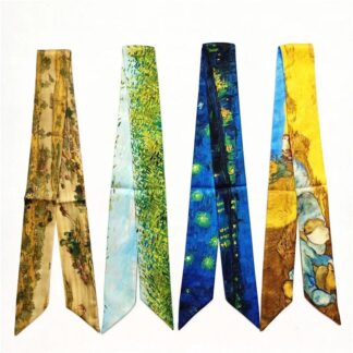 Elegant Art-Inspired Silk Skinny Scarf – Van Gogh & Qingming Festival Design